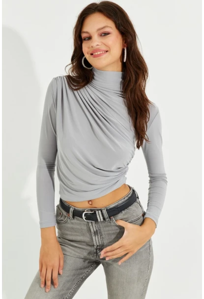 Kadın Gri Drapeli Bluz LPP1226