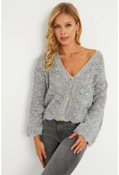 Kadın Gri Düğme Detaylı Hırka YV276