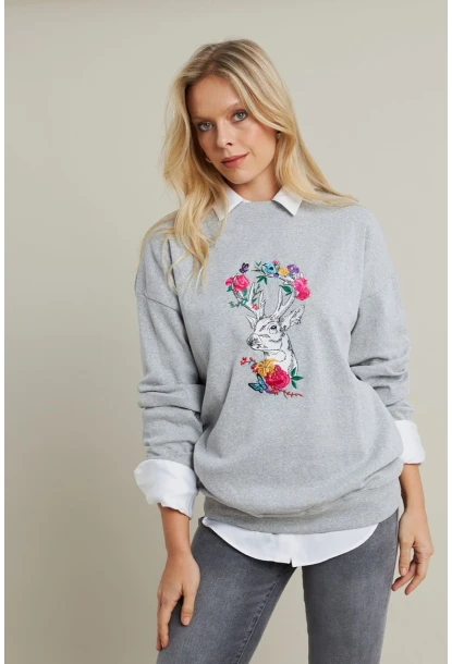 Kadın Gri-Fuşya Nakışlı Sweatshirt YLE20