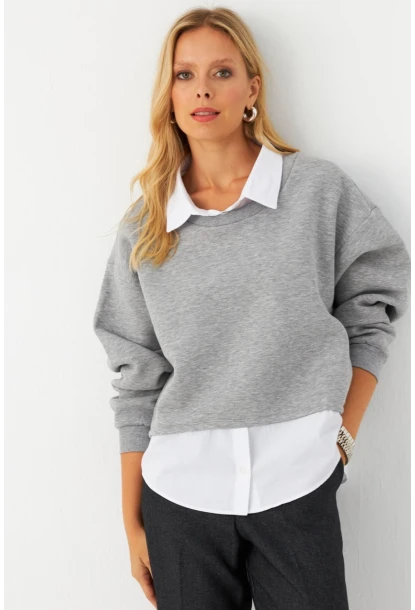 Kadın Gri Gömlek Detaylı Sweatshirt MAYD21