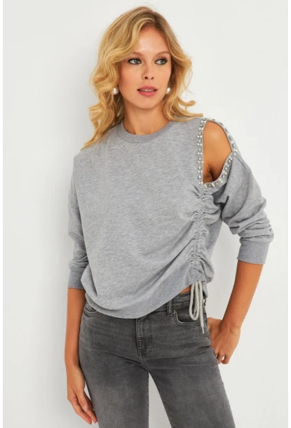 Kadın Gri İnci Detaylı Büzgülü Sweatshirt RLO04