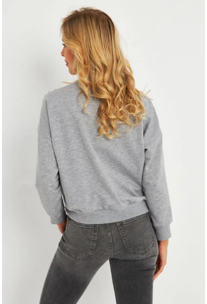 Kadın Gri İnci Detaylı Büzgülü Sweatshirt RLO04