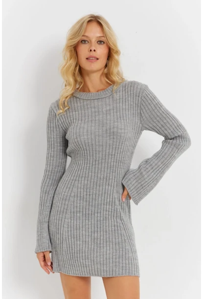 Kadın Gri İspanyol Kol Triko Mini Elbise YV273