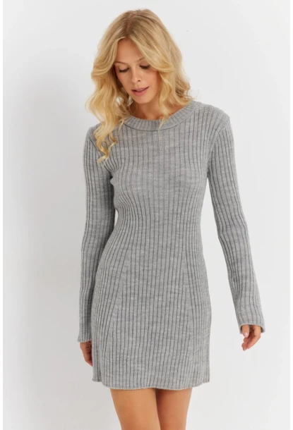 Kadın Gri İspanyol Kol Triko Mini Elbise YV273