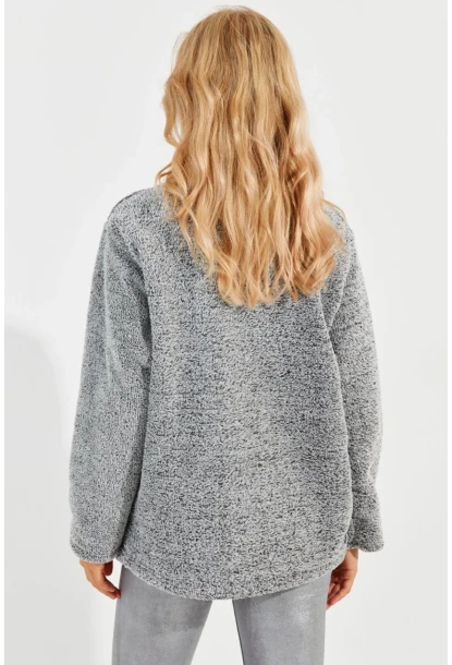 Kadın Gri Kanguru Cep Peluş Sweatshirt Q978