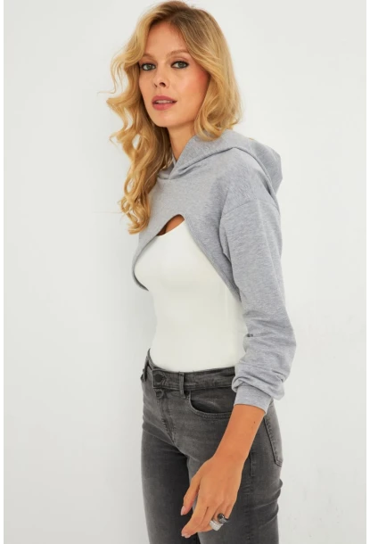Kadın Gri Kapüşonlu Crop Sweatshirt  TF03