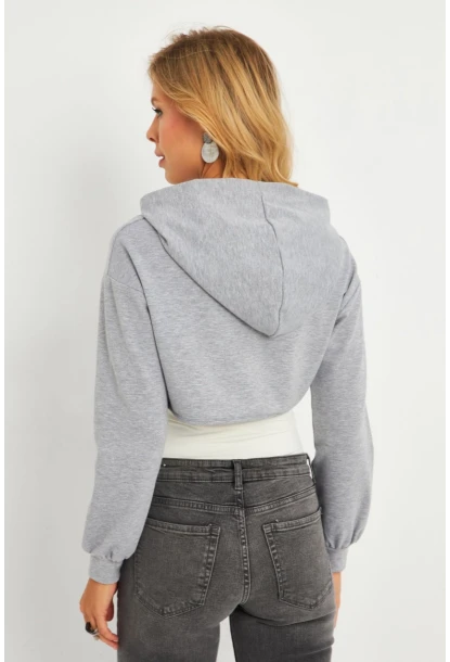 Kadın Gri Kapüşonlu Crop Sweatshirt  TF03