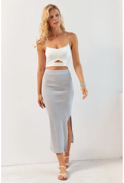 Kadın Gri Kaşkorse Midi Etek XL2034