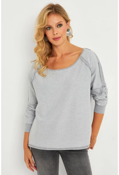 Kadın Gri Kayık Yaka Ters Dikişli Sweatshirt TF10