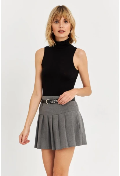 Kadın Gri Kemerli Pilili Mini Etek ELA6024