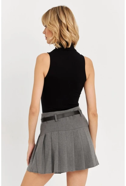 Kadın Gri Kemerli Pilili Mini Etek ELA6024