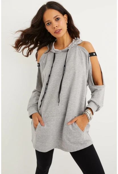 Kadın Gri Kolları Açık Kapüşonlu Sweatshirt Yİ2356