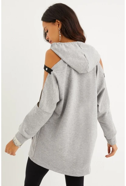 Kadın Gri Kolları Açık Kapüşonlu Sweatshirt Yİ2356