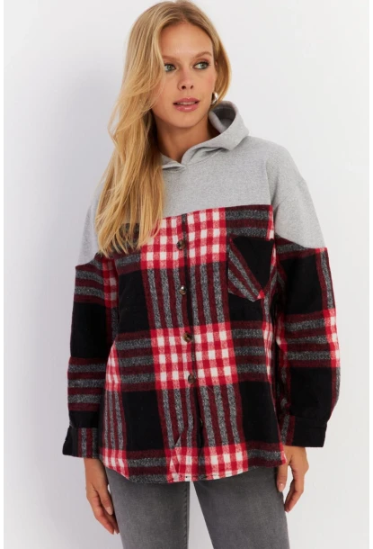 Kadın Gri Kontrast Düğmeli Sweatshirt YLE004