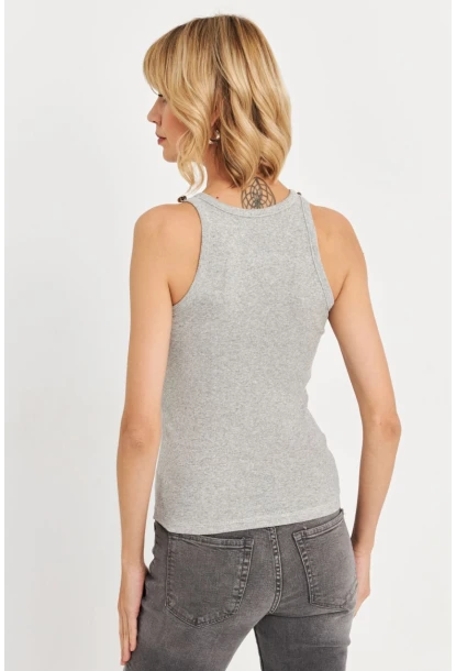 Kadın Gri Melanj Düğme Detaylı Kolsuz Kaşkorse Bluz TF55