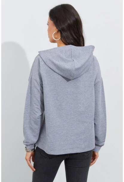 Kadın Gri Önü Pencereli Kapüşonlu Sweatshirt Yİ2486