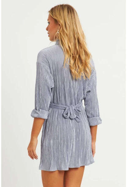 Kadın Gri Piliseli Kemerli Mini Elbise TW70124-90