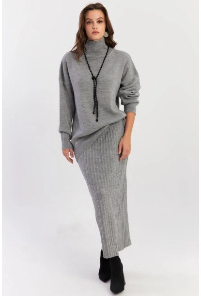 Kadın Gri Plili Alt Üst Triko Takım SF2554