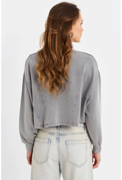 Kadın Gri Salaş Crop Sweatshirt ZH08