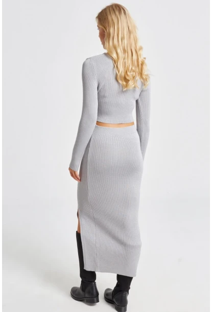 Kadın Gri Simli Triko Etek Takım KZ2497