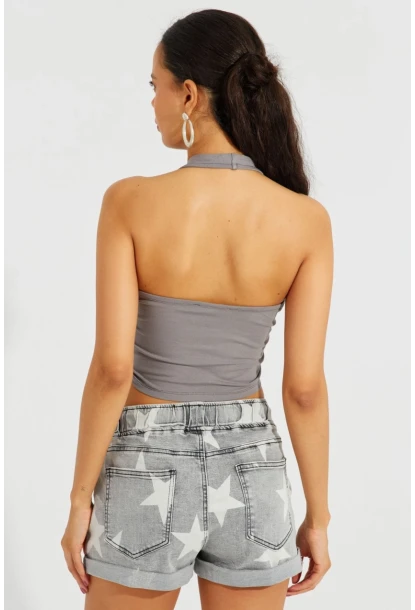 Kadın Gri Sırtı Açık Crop Bluz B2697