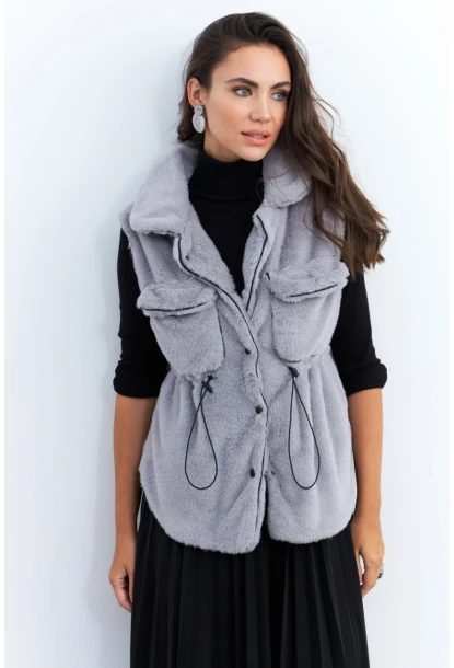 Kadın Gri Suni Kürk Cepli Yelek MK66