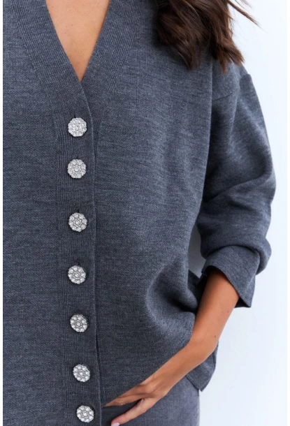 Kadın Gri Taşlı Düğmeli Hırka MİW4572