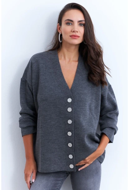 Kadın Gri Taşlı Düğmeli Hırka MİW4572