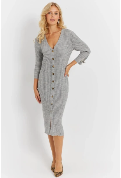 Kadın Gri Triko Midi Gömlek Elbise YV274