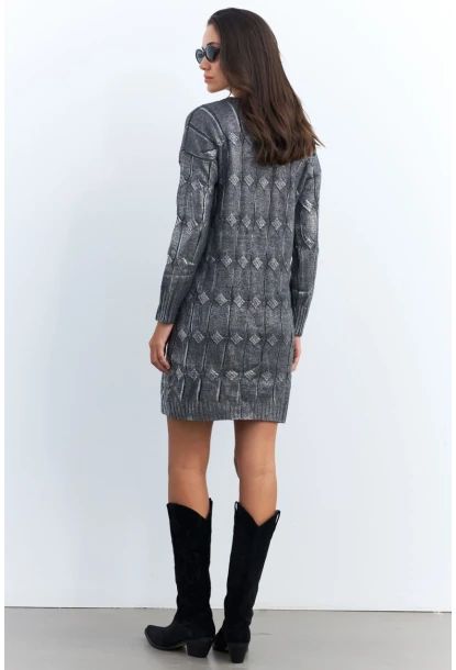 Kadın Gri Varaklı Triko Midi Elbise NAR446