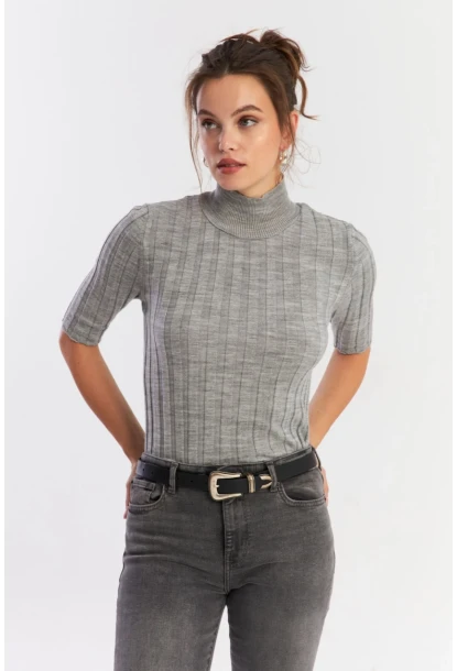 Kadın Gri Yarım Balıkçı Triko Bluz YV287