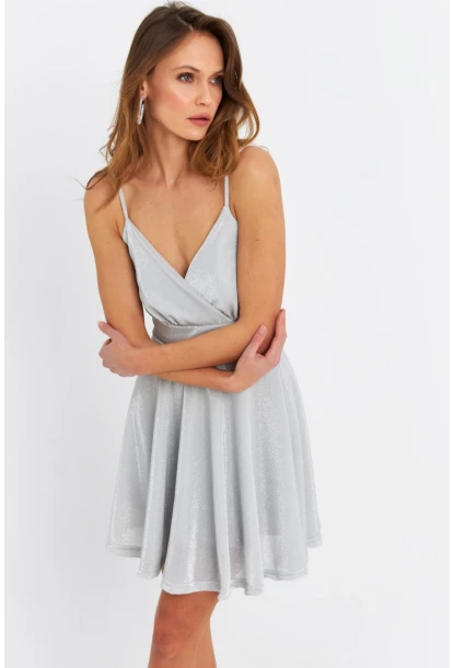 Kadın Gümüş Rengi Kruvaze Simli Astarlı Mini Elbise DCF110