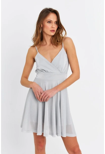 Kadın Gümüş Rengi Kruvaze Simli Astarlı Mini Elbise DCF110