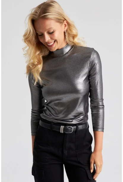 Kadın Gümüş Rengi Parlak Bluz LPP1245