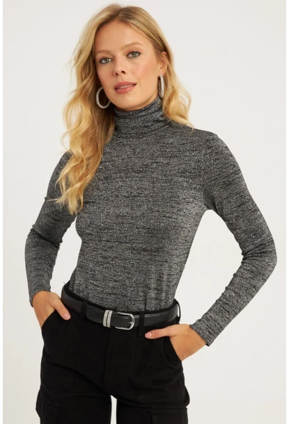 Kadın Gümüş Rengi Simli Balıkçı Bluz RX435