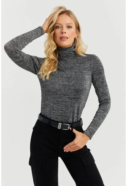 Kadın Gümüş Rengi Simli Balıkçı Bluz RX435