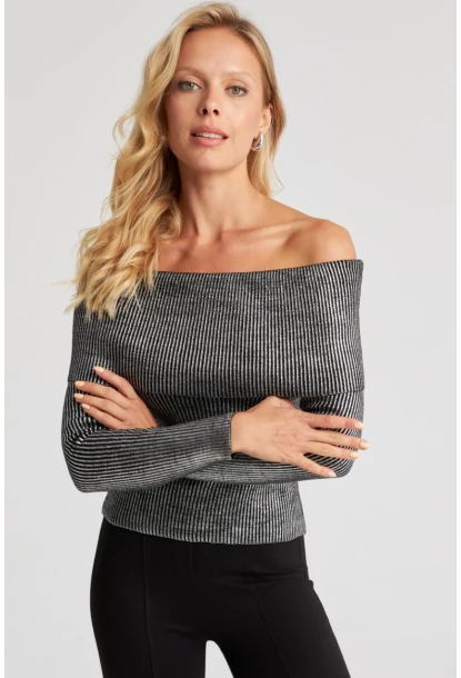 Kadın Gümüş Rengi Varaklı Madonna Triko Bluz SF2523