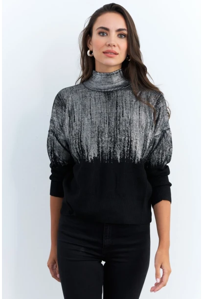 Kadın Gümüş-Siyah Balıkçı Yaka Varaklı Kazak RM07