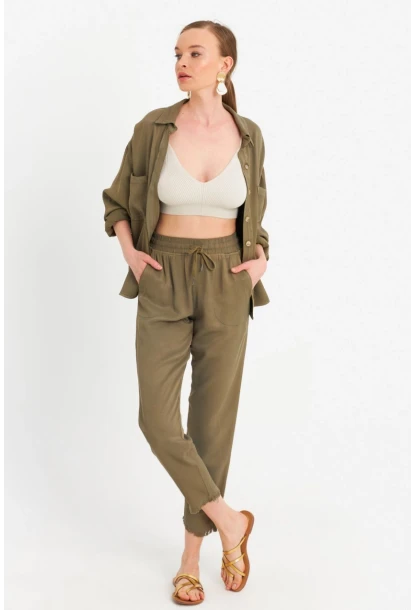 Kadın Haki Beli Lastikli Tensel Pantolon SUN201