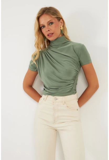 Kadın Haki Büzgülü Bluz LPP1287