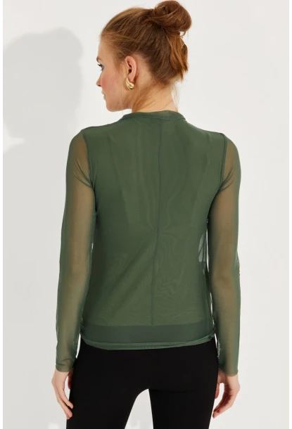 Kadın Haki Büzgülü Drapeli Tül Bluz LPP1244