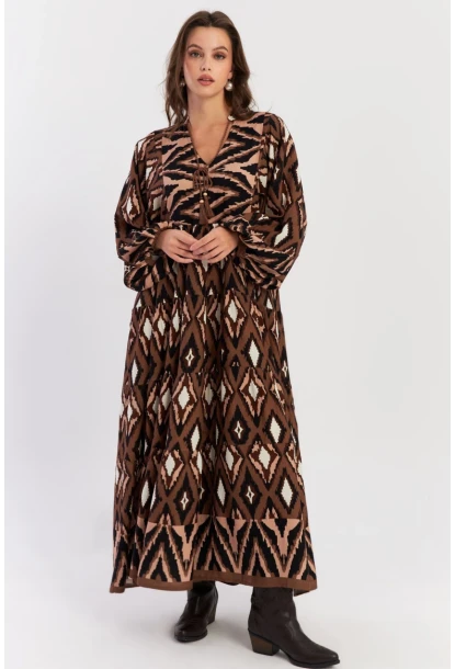 Kadın Haki Desenli Dokuma Maxi Elbise ALO235