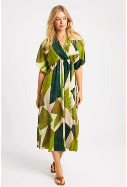 Kadın Haki Desenli Kruvaze Midi Elbise HT108