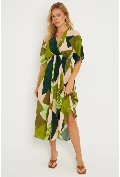 Kadın Haki Desenli Kruvaze Midi Elbise HT108