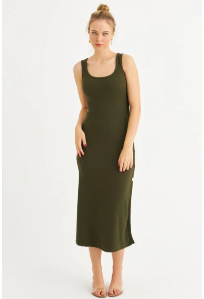 Kadın Haki Düğme Detaylı Kaşkorse Midi Elbise EY2837