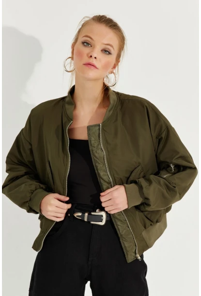 Kadın Haki Fermuarlı Bomber Mont QRS8367