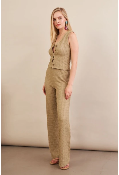 Kadın Haki Gofre Yelek Pantalon Takım FLU330
