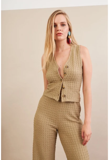 Kadın Haki Gofre Yelek Pantalon Takım FLU330
