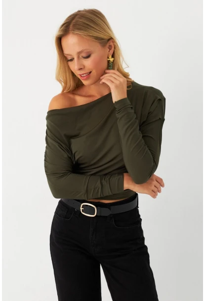 Kadın Haki Kayık Yaka Bluz DMR382-1