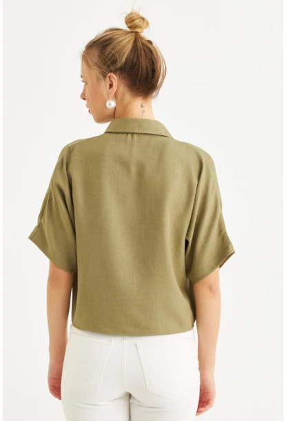 Kadın Haki Kısa Kollu Crop Gömlek CNG117